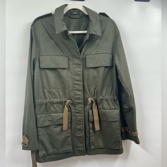 Theory Womens Utility Jacket Ruched Waist Collared Cargo Pockets Olive Green M - Picture 1 of 10